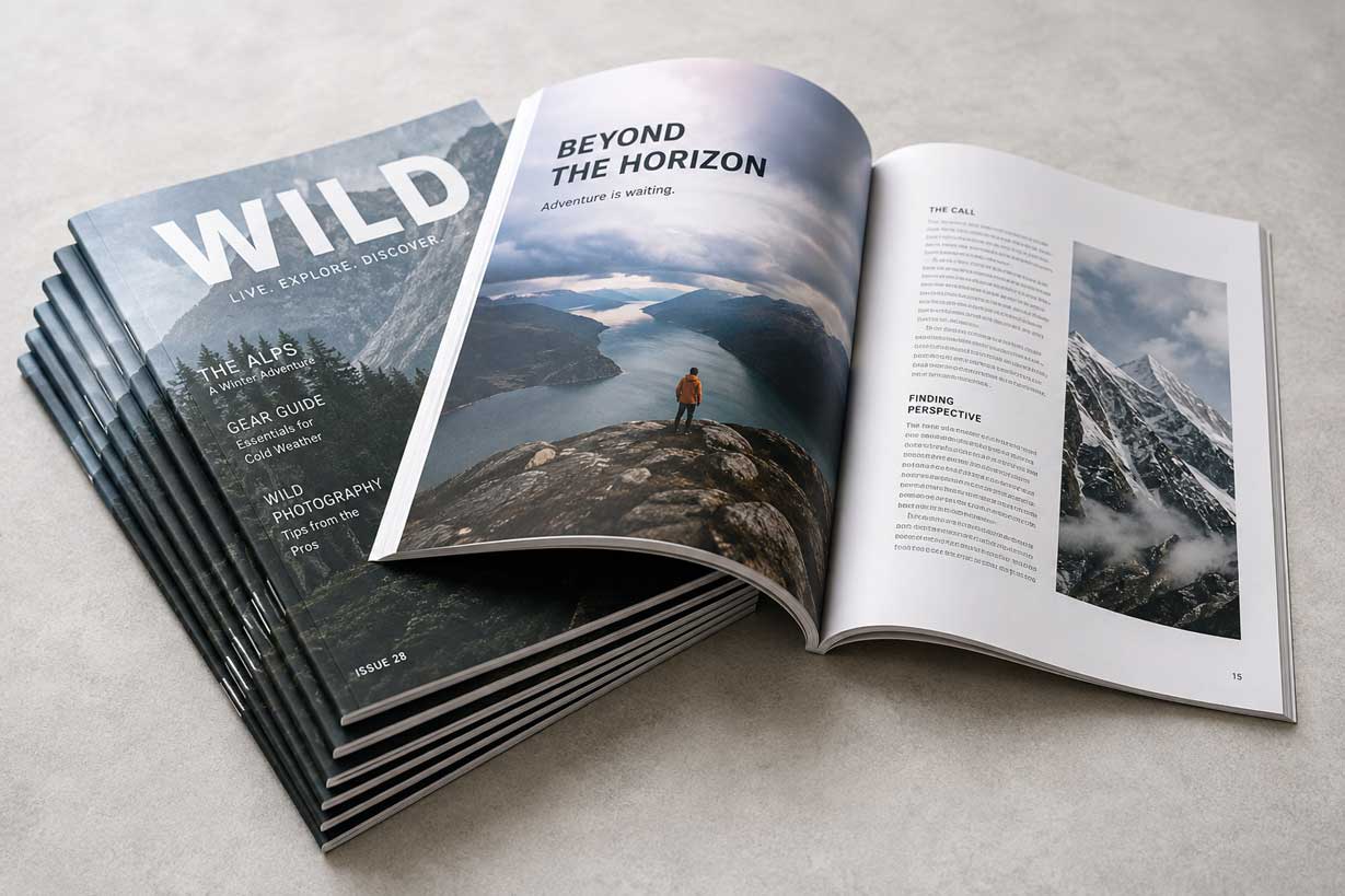 Stack of saddle-stitched magazines with one open